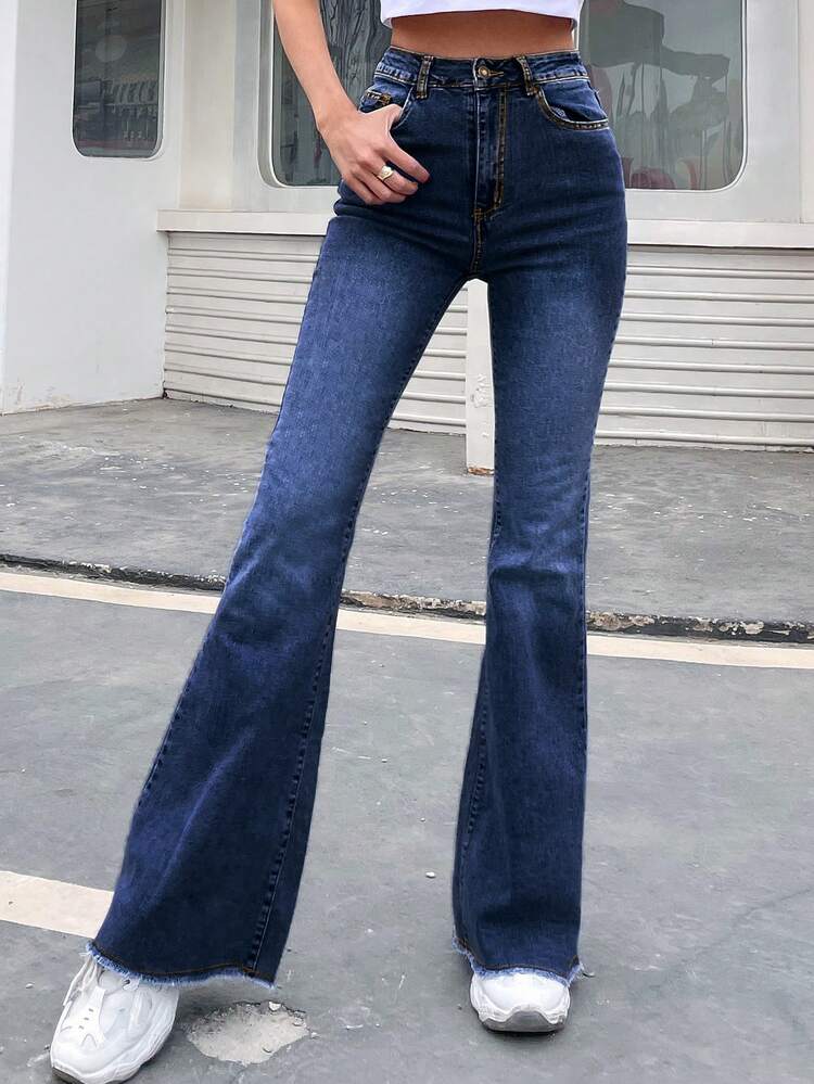EMERY ROSE Casual Washed Flare Leg Denim Jeans - Dark Wash - View 6
