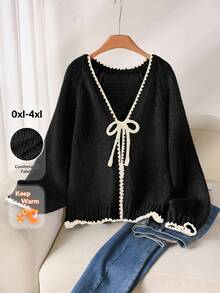 CosyJoli Plus Size Casual Sweater With Tie Bow Contrast Trim Cardigan In Fall/Winter - Black - View 1