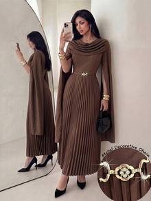 Modelyn Women's Solid Color Metal Decor Ruched Waist Long Sleeve Side Slit Deep Brown Dress, Elegant For Parties And Various Occasions - Dark Brown - View 9