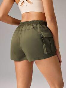 OutZeal Women Sports Shorts Gym Workout Back Elastic Waist With Pockets Cargo Shorts - Army Green - View 6
