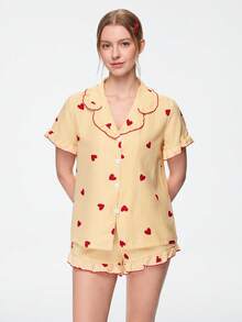 Bonmuse Women's Sleepwear Set With Heart Striped Woven Print, Ruffled Collar, Short Sleeve Top And Shorts, Sweet, Cute And Elegant - Yellow - View 3