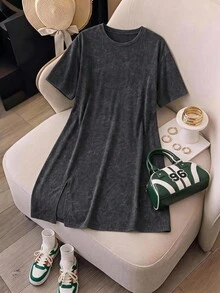 Slaydiva Plus Size Early Summer Vacation Casual Dark Green Side Slit Drop Shoulder Short Sleeve Dress Holiday Formal Vacation Holiday Holiday Holiday - Grey - View 10