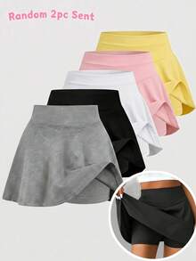SHEIN Girls' 2 Packs Anti-Chafe Skort Set, High-Waisted A-Line Skirt With Built-In Shorts, For School - Multicolor - View 1