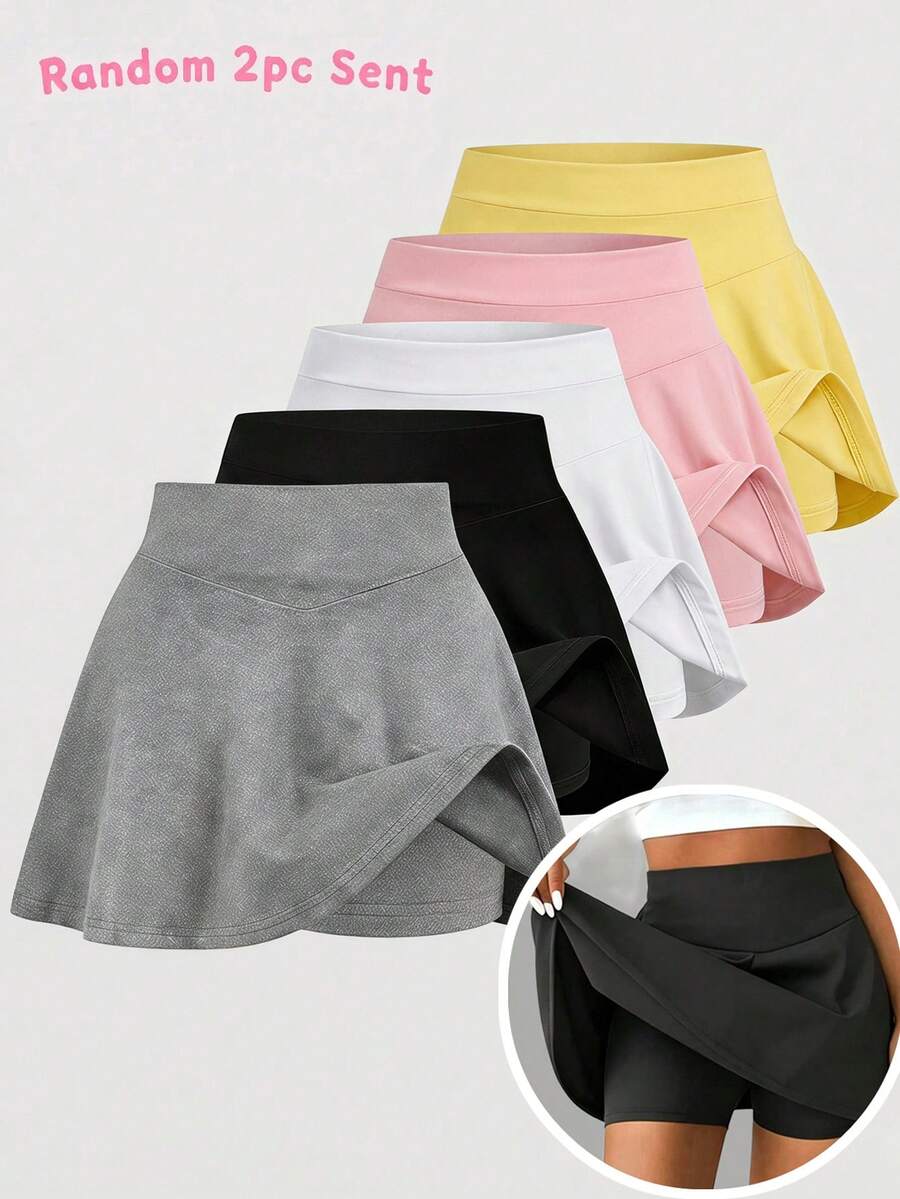 SHEIN Girls' 2 Packs Anti-Chafe Skort Set, High-Waisted A-Line Skirt With Built-In Shorts, For School - Multicolor - View 1
