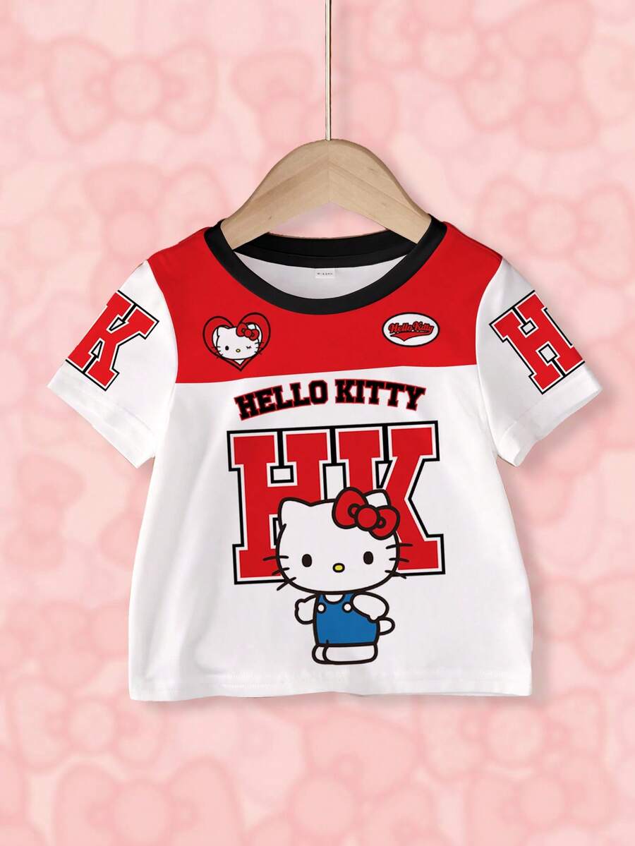 HELLO KITTY AND FRIENDS | SHEIN 少女圓領字母卡通印花休閒百搭短袖T恤 - 白色 - 查看 1