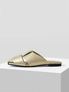 MOTF PREMIUM Zapatos planos de mujer de cuero dorado con punta redonda, estilo casual y sencillo para ir al trabajo - Oro 1 - Ver 3