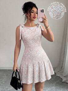SHEIN Franclia 蝴蝶結蕾絲設計優雅百褶下擺無袖洋裝 - 白色 - 查看 6