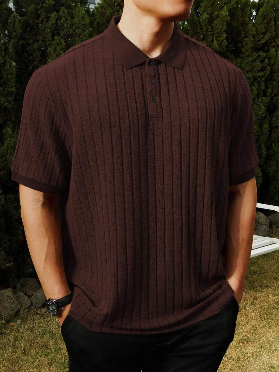Manfinity Homme 男士大尺碼純色短袖休閒通勤 Polo 衫 - 棕色 - 查看 1