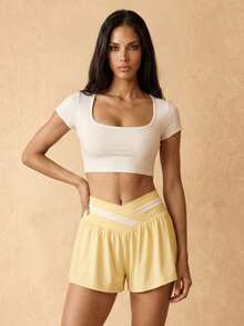 Silquee Workout Women Tops Casual Solid Color Cropped Sports T-Shirt, Summer Bustier Crop Sports Tee - White - View 7