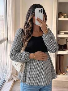 SHEIN Maternity Square Neck Long Sleeve Blouse Fall,Autumn Outfit For Women - Black - View 1