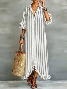 Linhara CURVE Plus-Size Lady's Elegant And Casual Striped Printed Long Dress. Suitable For Holidays, Commutes, Parties And Other Occasions Fall - Black and White - View 5