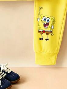 SpongeBob SquarePants | SHEIN 男嬰卡通印花圓領運動衫與慢跑褲兩件套，可愛休閒風 - 白色 - 查看 3
