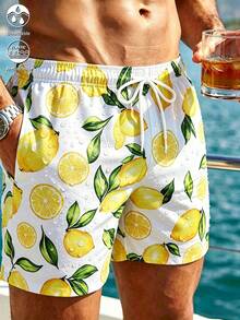 Manfinity Swimmode 男士全印花夏季休闲沙滩短裤，带口袋和抽绳 - 白色 - 查看 1