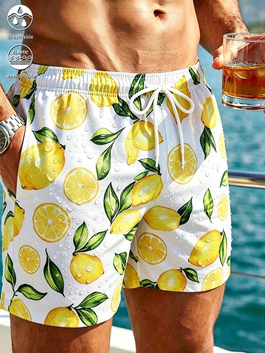 Manfinity Swimmode 男士全印花夏季休闲沙滩短裤,带口袋和抽绳 - 白色 - 查看 1