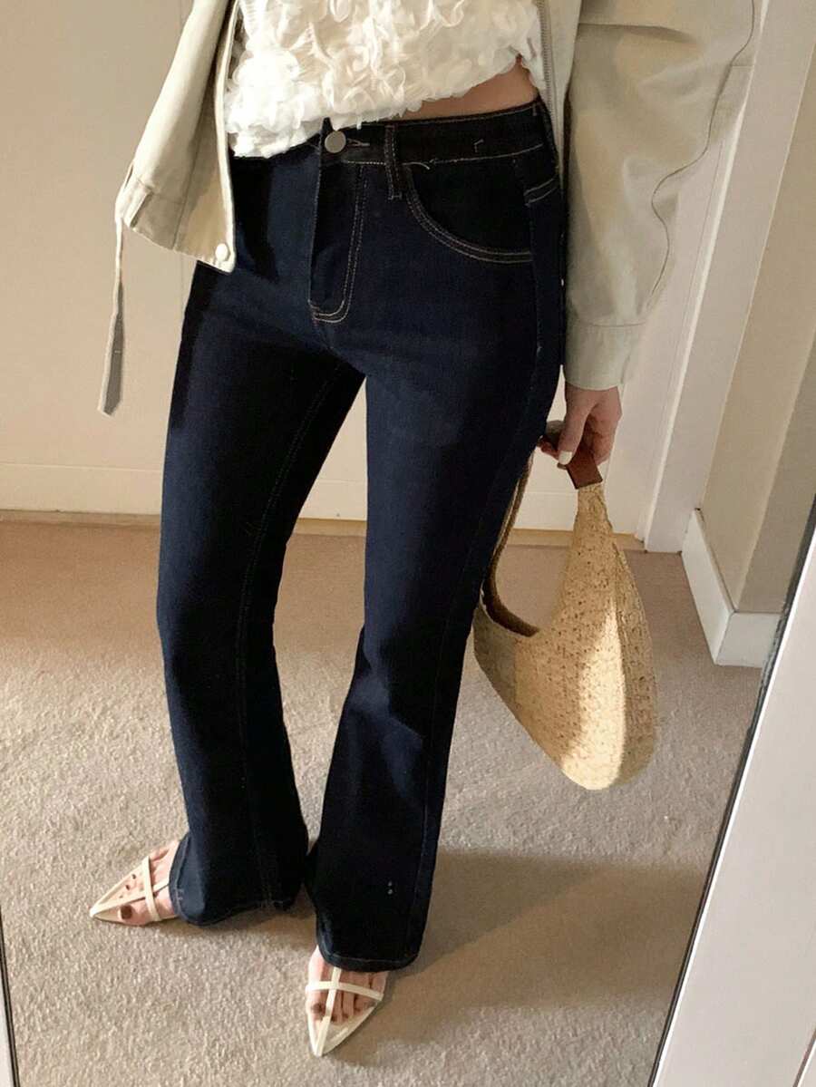 DAZY Contrast Stitching Decor Slim Fit Flare Leg Jeans Long Pants Elegant Vacation Spring Autumn Women's Denim - Blue - View 1