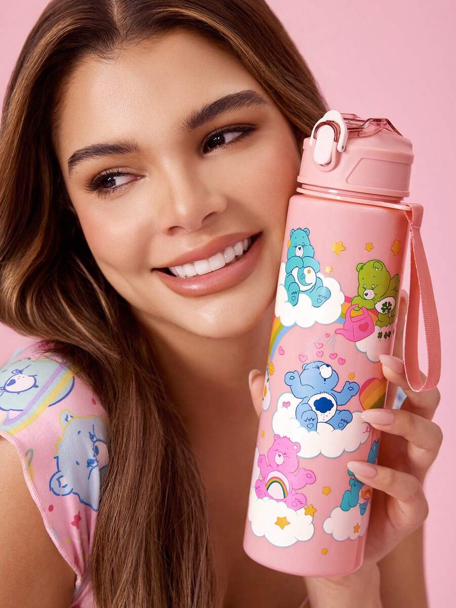 SHEIN X Care Bears 750ml 水瓶,附矽膠吸管與防漏蓋,適合旅行、觀光與學校使用,塑膠材質 - 淺粉色 - 查看 1