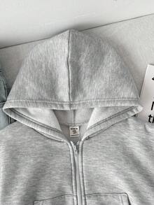 SHEIN LMoss Kids 青少年女孩休閒舒適街頭風寬鬆連帽拉鍊短版夾克運動衫，秋冬返校穿搭 - 淺灰色 - 查看 3
