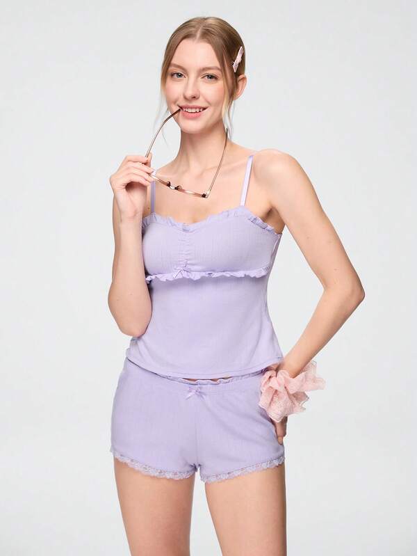 Bonmuse 2pcs Solid Color Comfortable Loungewear Set