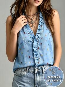 EMERY ROSE Blusa sin mangas con cuello en V, volantes y estampado de strass de colores en denim azul, top holgado casual y versátil - Azul - Ver 9
