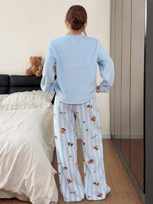 Napfluff Cute Puppy Double-Sided Flannel Print Loose Round Neck Long Sleeve Pants Women's Pajama Set - Baby Blue - View 2