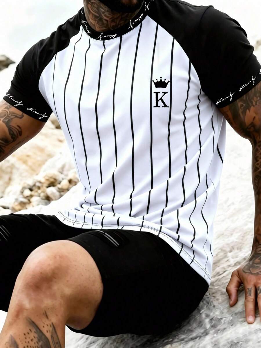 NEOREFINED Men's Letter & Stripe Print Raglan Short Sleeve Casual T-Shirt - Multicolor - View 1