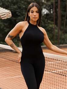 Maju Mazalli 2pcs Solid Color Backless Halter Neck Fitted Jumpsuit Sports Summer - Multicolor - View 6