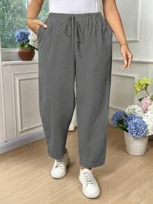 EMERY ROSE Plus Size Women Cotton Solid Color Drawstring Waist Pockets Loose Pants Fall - Light Grey - View 7