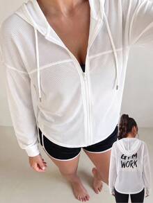 SHEIN Dewbera Letter Print Breathable Hooded Sports Jacket - White - View 3
