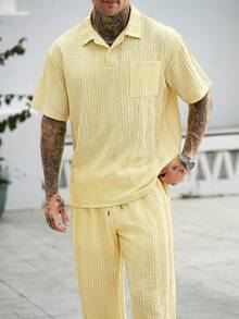 Manfinity CasualCool 男士 Polo 衫與長褲成熟休閒時尚套裝 - 黃色 - 查看 4