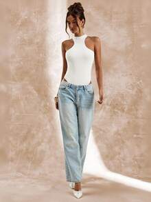 SHEIN BAE Body asimmetrico senza maniche con taglio, body aderente da donna, adatto per primavera/estate - Bianco - Visualizzare 6