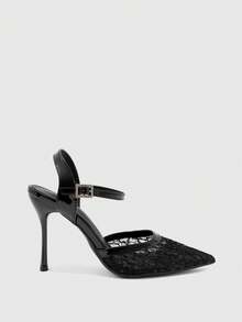 CUCCOO BIZCHIC Simple Rear Empty Buckle Strap Stiletto High Heels, Daily Commuting Versatile Women's Shoes - Mesh Black-2 - View 2