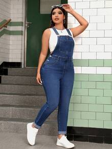 SHEIN CURVE+ أوفرول جينز مقاس كبير كاجوال فضفاض مغسول بقصة سليم فيت، رسمي للشاطئ، أزرق داكن، صيفي - الأزرق - مشاهدة 1
