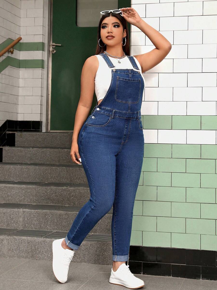 SHEIN CURVE+ أوفرول جينز مقاس كبير كاجوال فضفاض مغسول بقصة سليم فيت، رسمي للشاطئ، أزرق داكن، صيفي - الأزرق - مشاهدة 1