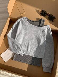 DAZY Women's Patchwork Striped 2 In 1 Long Sleeve Loose Casual Sweatshirt Fall - Grey - View 3
