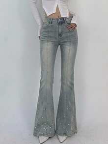DAZY Women's Rhinestone Embellished Korean Style Flared Petite Jeans Petite - Blue - View 4