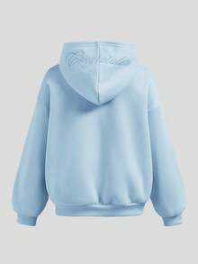 SHEIN 兒童青少年女孩嬰兒藍刺繡休閒運動長袖寬鬆衛衣套裝 2件組，適合秋冬機場度假 - 藍色 - 查看 6