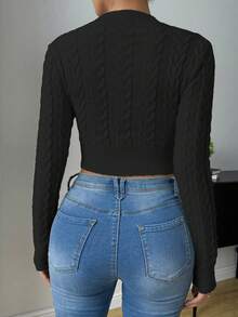 SHEIN Raffinéa Women Solid Color Mock Neck Long Sleeve Cropped Fitted Sweater, Autumn/Winter, Long Sleeve Top Knit Pullover Fall - Black - View 2