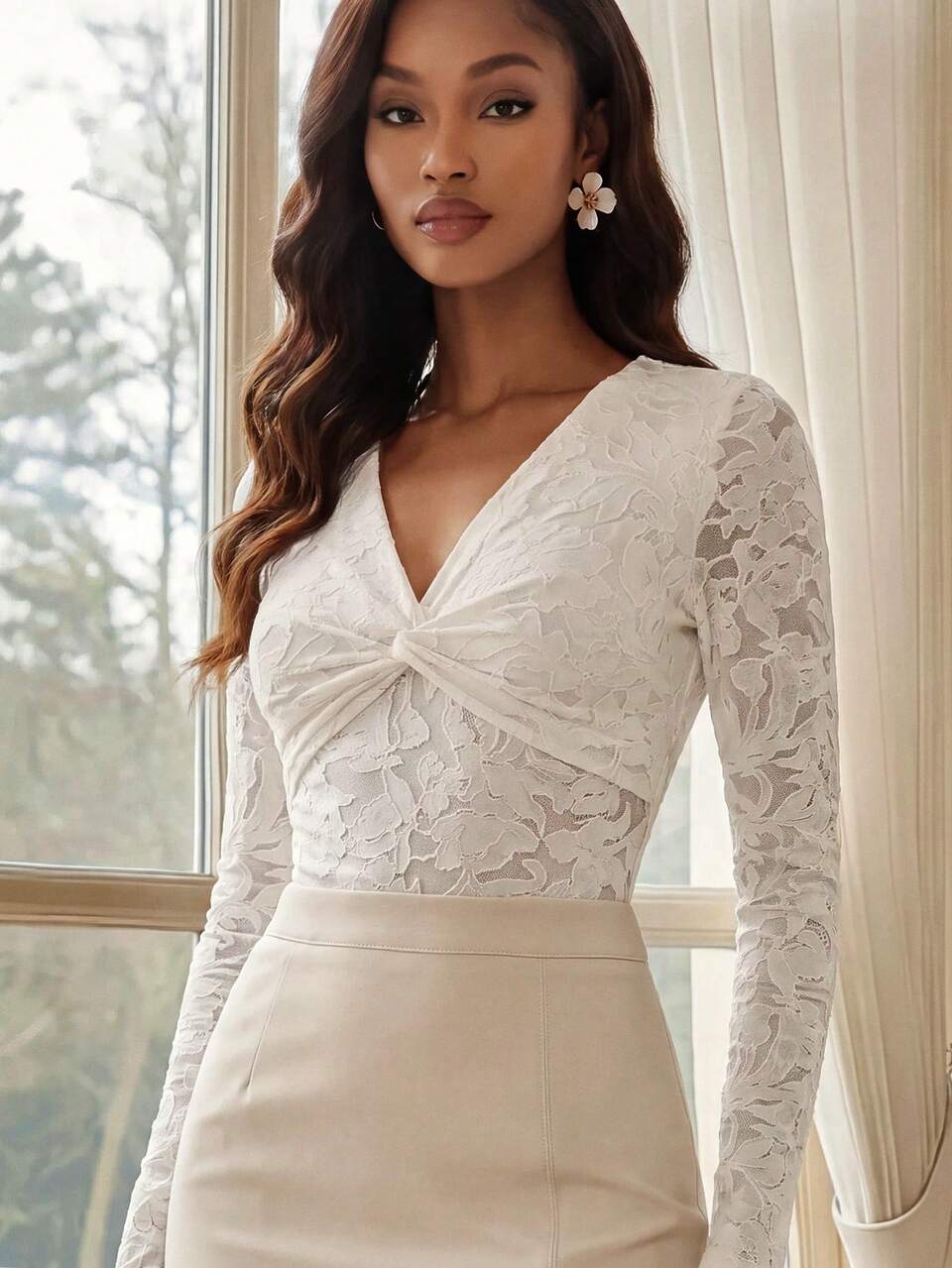 Anewsta Women's Elegant Romantic Versatile Slim Fit Knitted 3D Floral V-Neck Design Knot Long Sleeve T-Shirt Wedding Tea Party Date White Floral Autumn