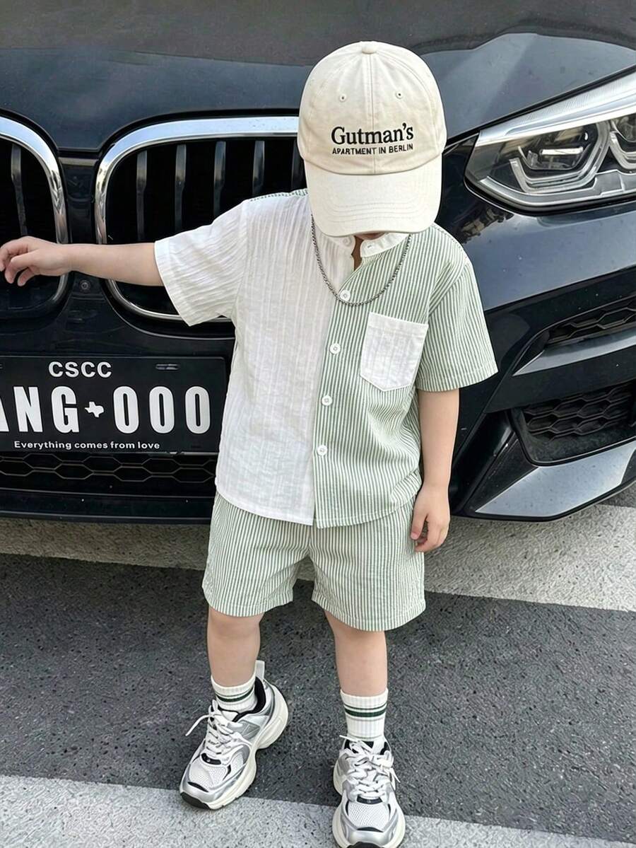 SHEIN 2pcs/Set Young Boy Casual Green & White Striped Patchwork Design Collared Short Sleeve Shirt And Shorts Set,Loose Fit,Summer Daily Outings Outfit - Multicolor - View 1