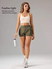 OutZeal Women Sports Shorts Gym Workout Back Elastic Waist With Pockets Cargo Shorts - Army Green - View 3