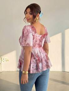 Firerie Plus Size Women Sweetheart Collar Pleated Ruffle Hem Blouse - Pink - View 2