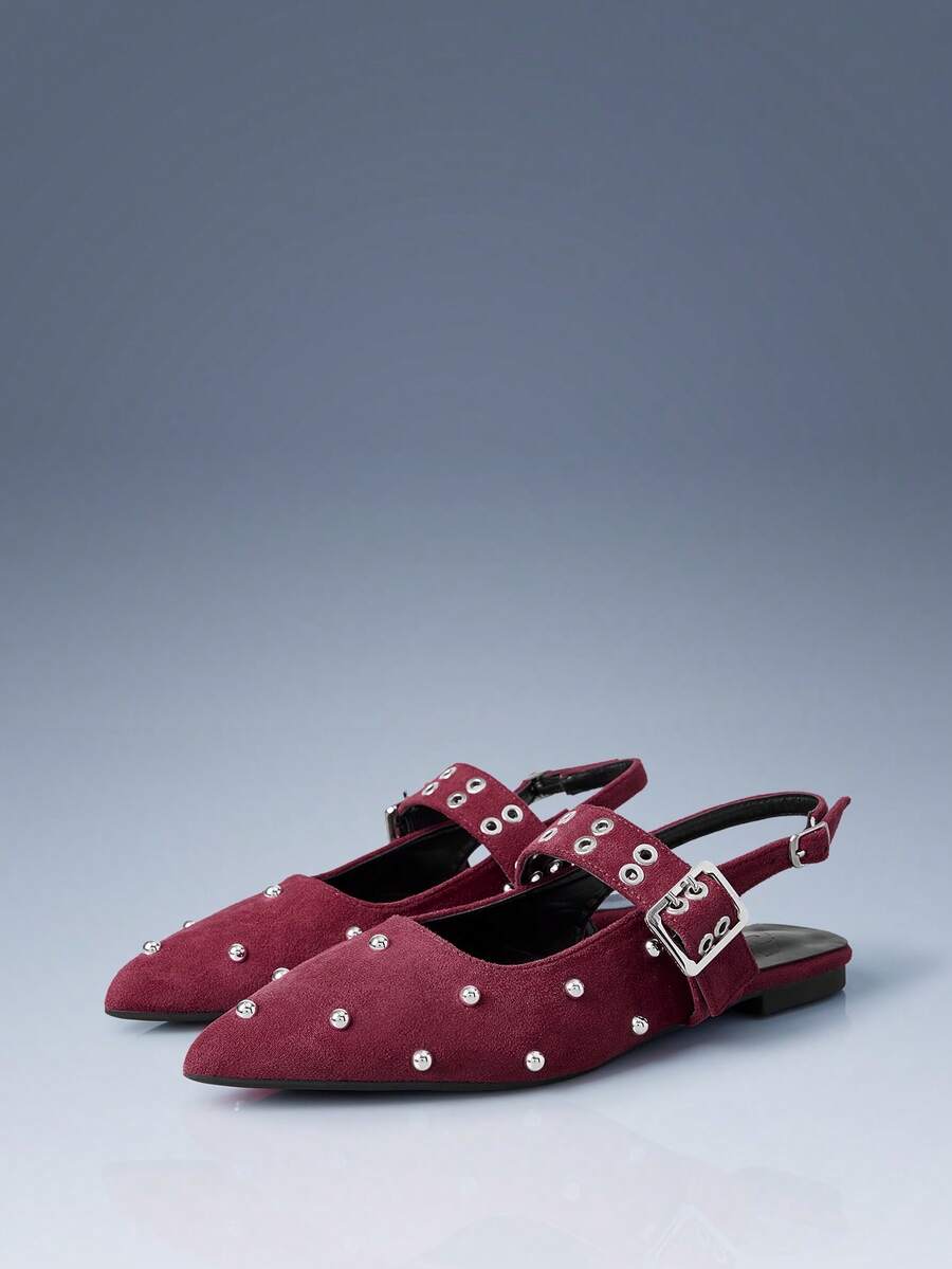 CUCCOO GRLICON Burgundy Velvet Pointed Rivets Rear Strap Flat-Soled Shoes Women's Retro Versatile And Thin Mary Jane Shoes Fall Shoes - Burgundy - View 1