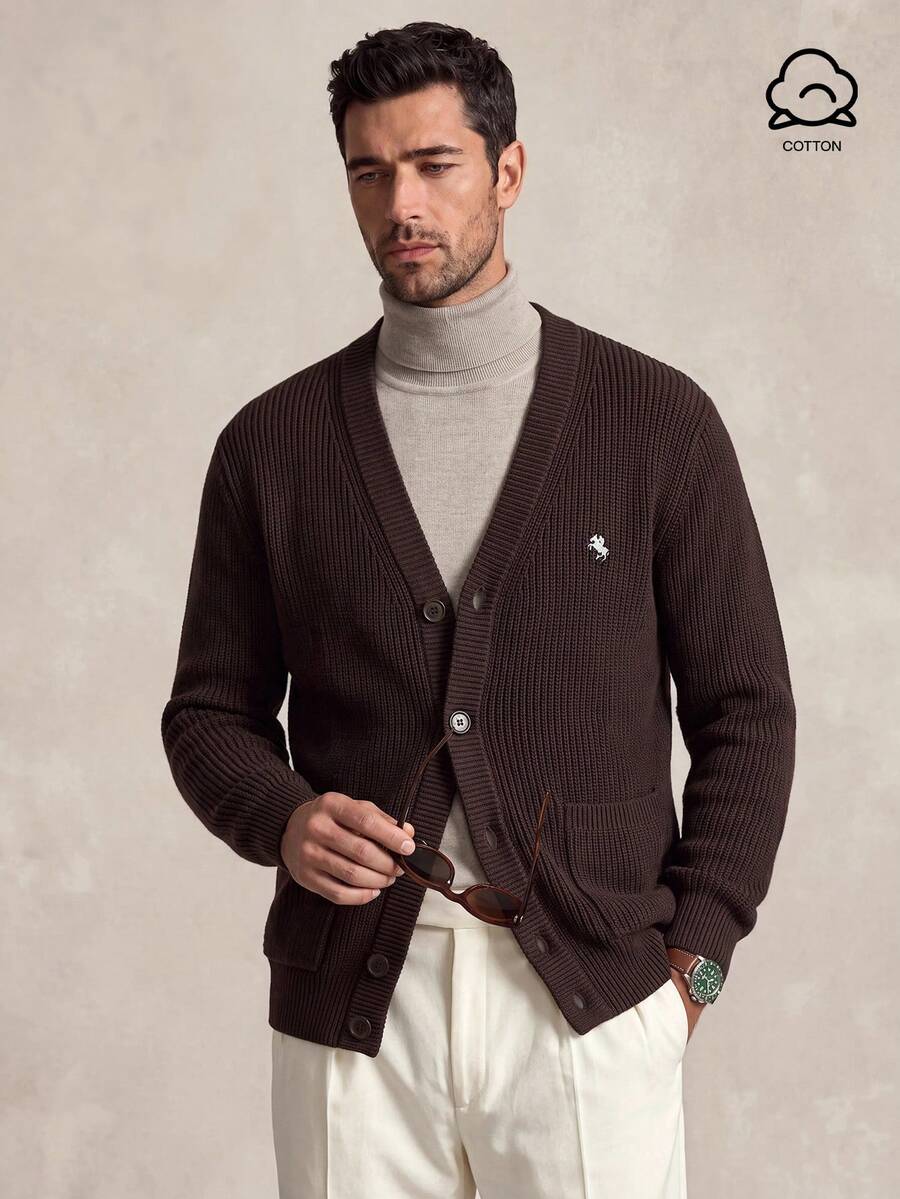 Lornavo Men's Knight Pattern Casual Versatile Daily Wear Cardigan Office Corporate Dark Brown Autumn - Coffee Brown - View 1