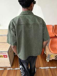 STEELVANCE 美式風格高級水洗紅色刺繡短版牛仔外套 - 軍綠色 - 查看 2