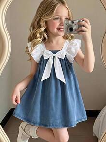 Elladie kids 少女休閒優雅牛仔洋裝，柔軟花卉圖案設計配上飄逸袖 - 藍色 - 查看 4