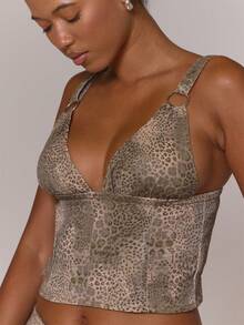 MUSERA Leopard Print Denim Ring Detail Strap V Plunge Fitted Top Coord Top - Multicolor - View 5