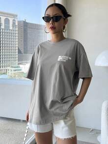 DAZY Slogan Graphic Drop Shoulder Tee CHERISH TIME EFFECT DREAM Oversized T-Shirt - Grey - View 3