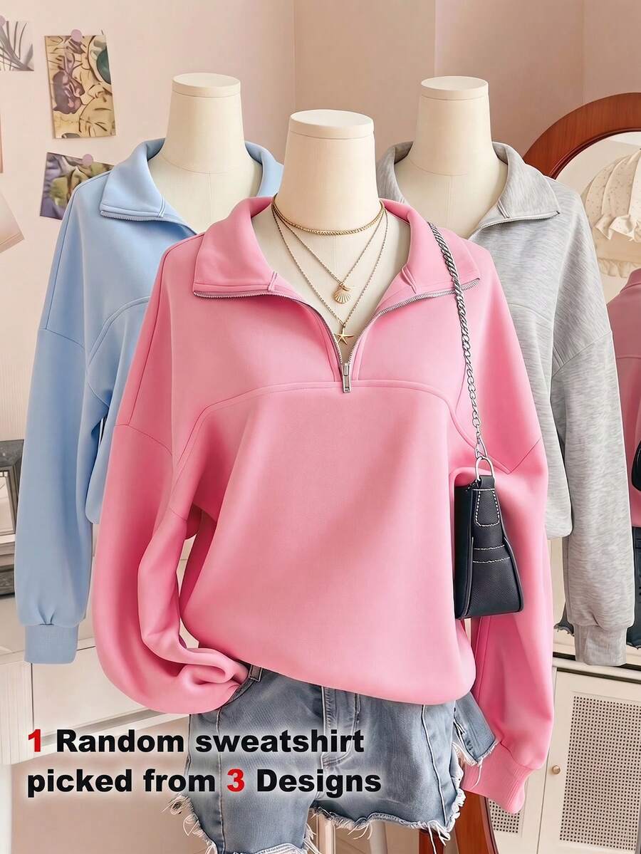 SHEIN Sparklyn 青少年女孩純色長袖拉鍊連帽衛衣,適合學校、外出、假期,保暖、秋季、加厚、復古休閒、街頭風、粉紅色 - 粉色 - 查看 1