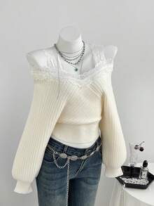 Elamini Sweater Crop Wanita Elegan Romantis dengan Patchwork Renda dan Bahu Terbuka, Cocok untuk Kencan Sehari-hari, Warna Krem Putih, dan Musim Gugur. - Aprikot - View 4