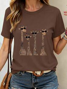 EMERY ROSE Giraffe Print Short Sleeve T-Shirt With Eyelashes For Casual Outfits For Clothes Graphic Cheetah Print Tees Women Tops For Summer And Spring - Khaki - View 6